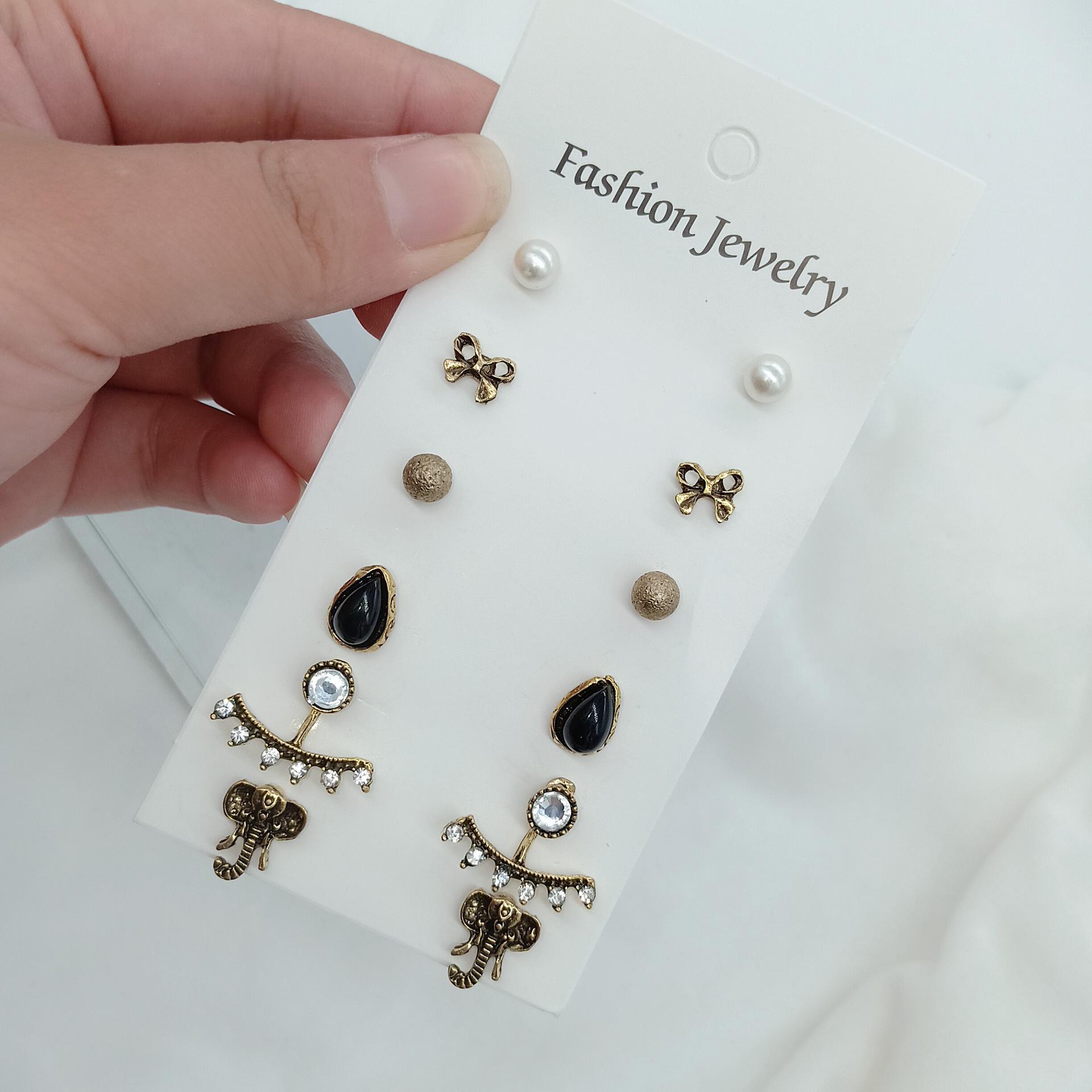 Retro Ethnic Bow Knot  Elephant Pearl Rhinestone Water Drop Earring Stud Set - 6 Pieces Alloy