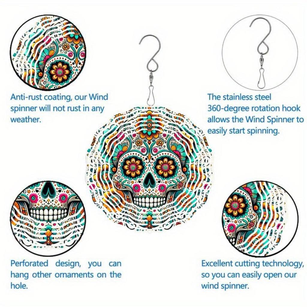Wind Spinner 2D Metal Garden Patio Decoration Kaleidoscope Skull Design Outdoor Hanging Ornament for Thanksgiving Christmas Holiday Decor