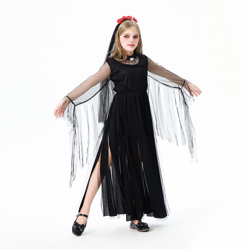 Halloween Kinderkostüm Mädchen Dunkler Dämon Geisterbraut Langes Kleid Vampir Hexe Europäisches und Amerikanisches Lustiges Showkostüm
