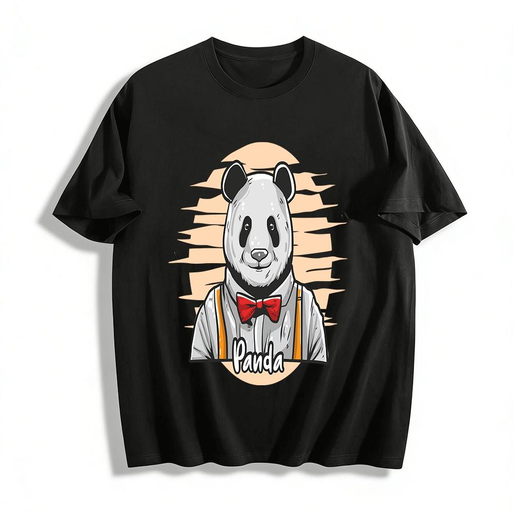 Funny Anthropomorphic Panda Suspenders Bow Tie Print Casual T-Shirt Pure cotton T-shirt XXS