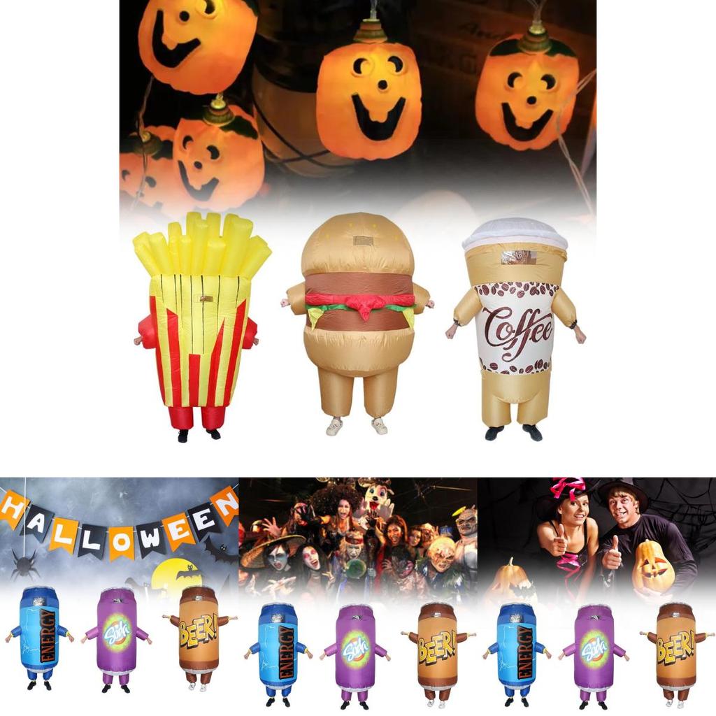 Lustiges und skurriles aufblasbares Kostüm Lustiges Soda-Getränkebecher-Hamburger-Pommes-Outfit für Halloween-Partys