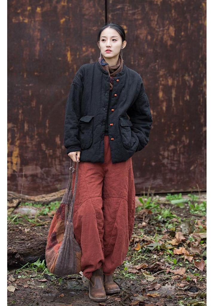 2025 Winter Women's Quilted Ramie Jacket with Frog Button and Stand Collar