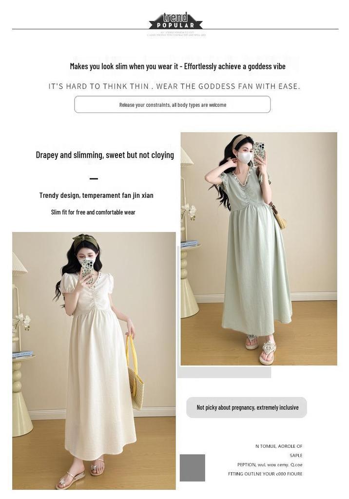 2026 Summer Maternity Dress: Elegant Neckline with Sequins, Loose Fit