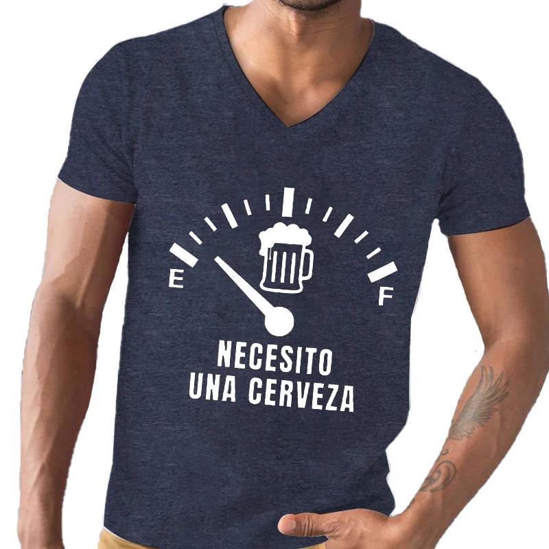 Men's Street T-shirt Necesito Una Cerveza Print Tops V-Neck Tees Summer T Shirt Tops Oversized Tee Shirt for Men Tshirt Clothing