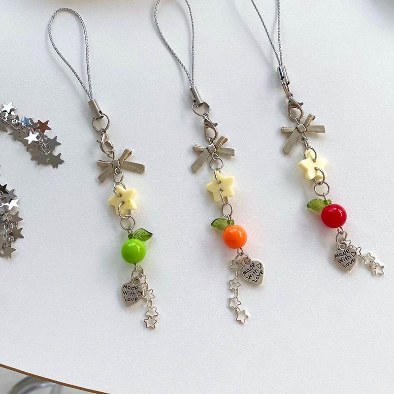 Y2K Sweet Bowknot Fruit Star Beaded Phone Chain Aesthetic Phone Lanyard Girly Cute Ins Style Keychain Pendant For Girls Gift