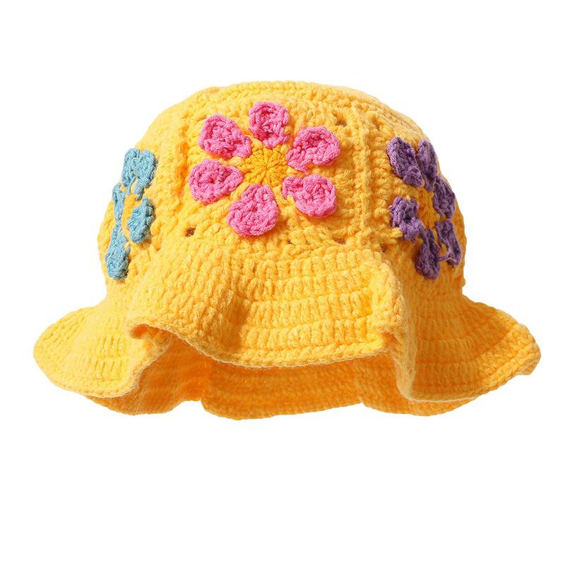Women Plush Hat Bowler Hat Knitted Hat Breathable Handmade Crochet Vibrant Floral Pattern Cute Hollow Ruffles Colorful 56-58cm