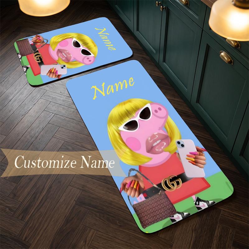 Little pink pig (1) Customize Name Flannel Kitchen Mat Soft Non-Slip Kitchen Floor Runner Rug for Home Kitchen Decor