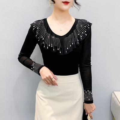Spring Autumn Women's Ruffles Hotfix Rhinestone T-Shirt Elegant Full Sleeve Tees Slim Ladies Tops