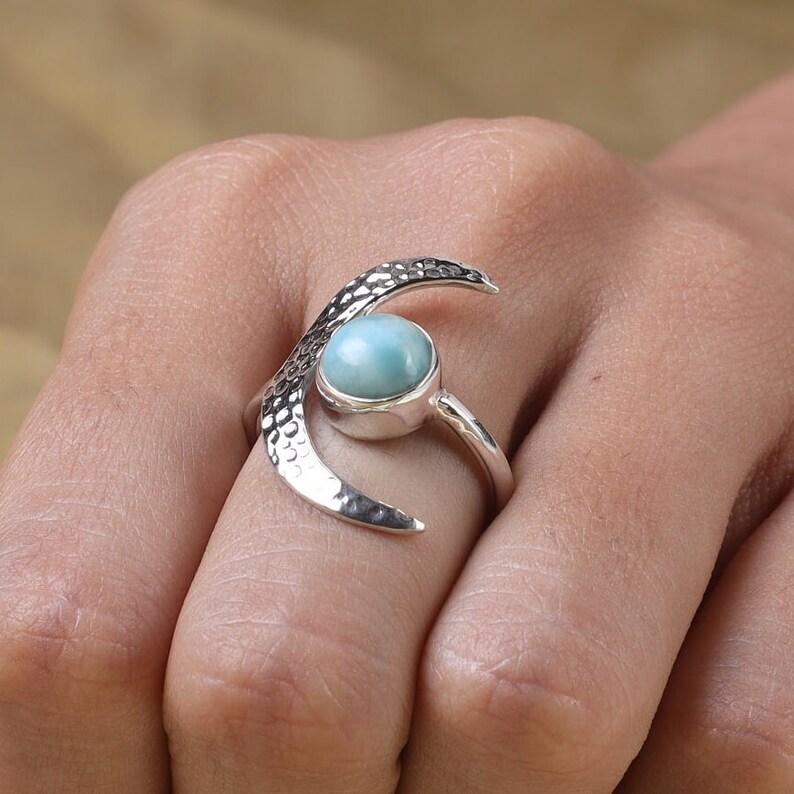 Natural Larimar Round Gemstone Ring, Handmade Designer Ring, Anniversary Gift, 925 Silver Ring, Unique Gift, Crescent Moon Ring