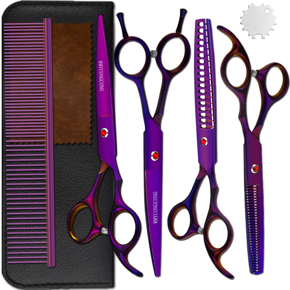 

WMYCONGCONG Профессиональные ножницы для груминга прямые и филировочные чанкеры из нержавеющей стали 6CR для домашних кошек, фиолетовая кожа для чистки и 7-дюймовые ножницы, изогнутые,