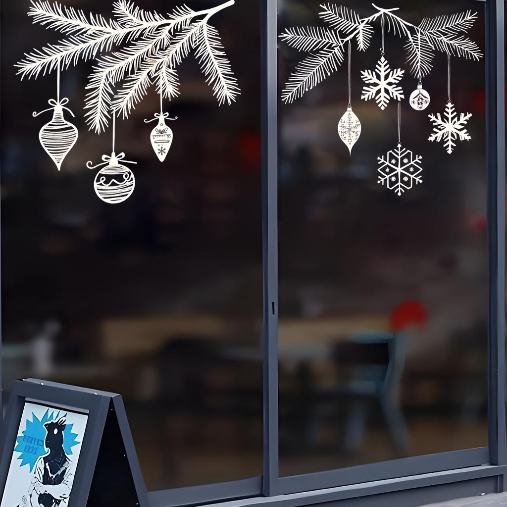 1Set Christmas Pine Branch Window Stickers White Silhouette Style Self-Adhesive Wall Stickers Festive Glass Stickers Removable