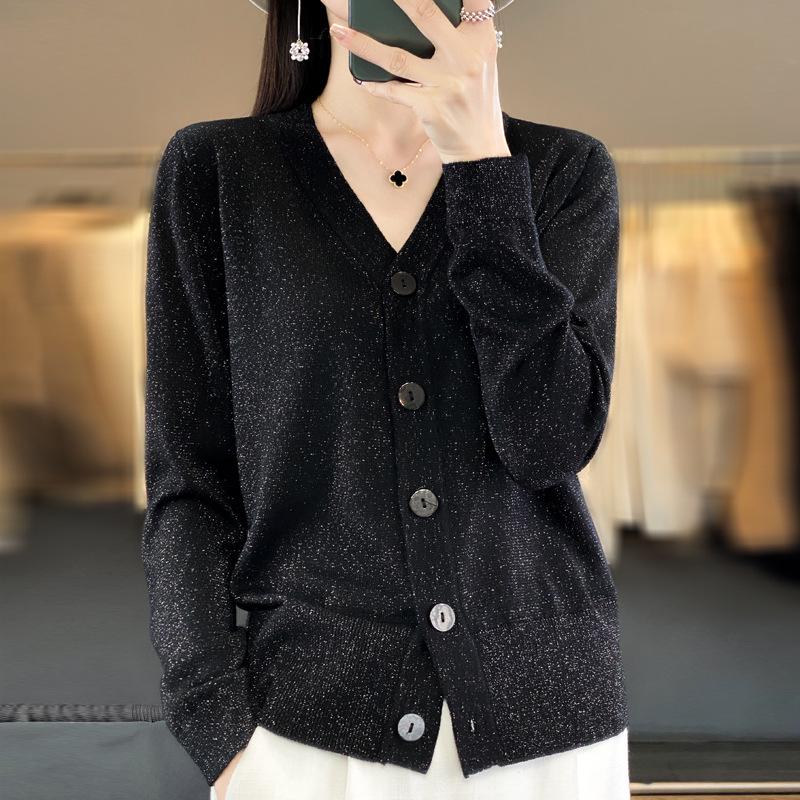 Women's Flashing V-Neck Knitted Cardigan - Lightweight Autumn Sweater, Stylish Short Outerwear, Air-Conditioning Top