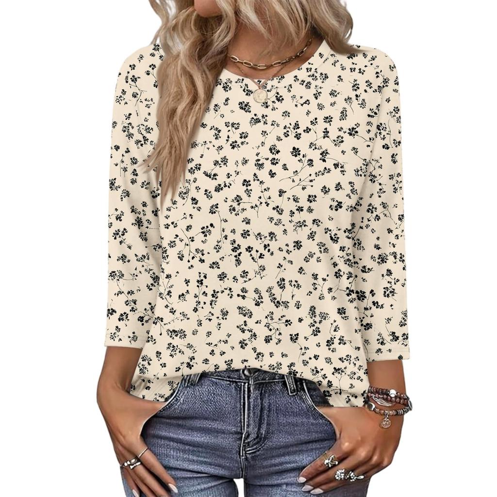 343/4 Sleeve Shirts For Women Cute Print Graphic Tees Blouses Casual Plus Size Basic Tops Pullover