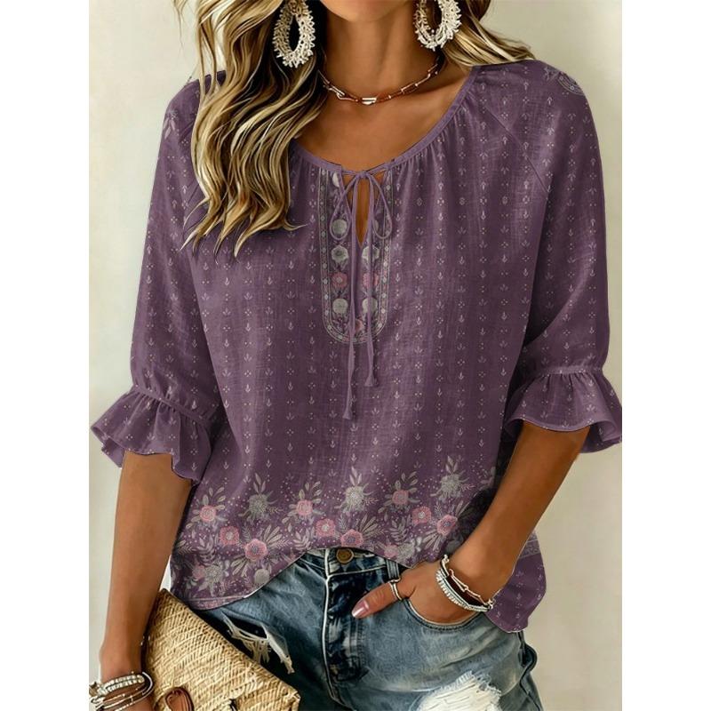 Women's Purple Embroidered Paisley Print Tie Neck Blouse, Casual Loose Tops for Spring Summer Daily Wear & Vacation Occasions