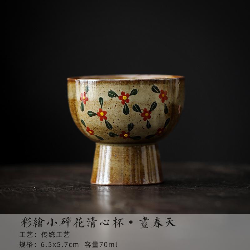 

70ml Hand-painted Small Fragmented Flower Teacup Vintage High Foot Master Cup Chinese Tasting Tea Mug Household Teaset Drinkware