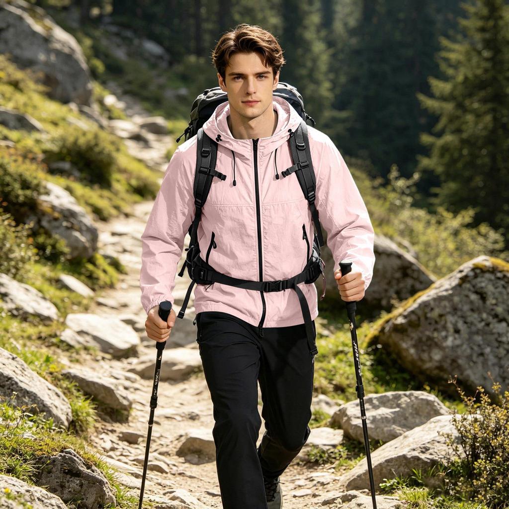Men's Lightweight Hooded Sun Protection Jacket UV Resistant Outdoor Windbreaker with Zipper Pockets and Adjustable Drawstrings for Travel