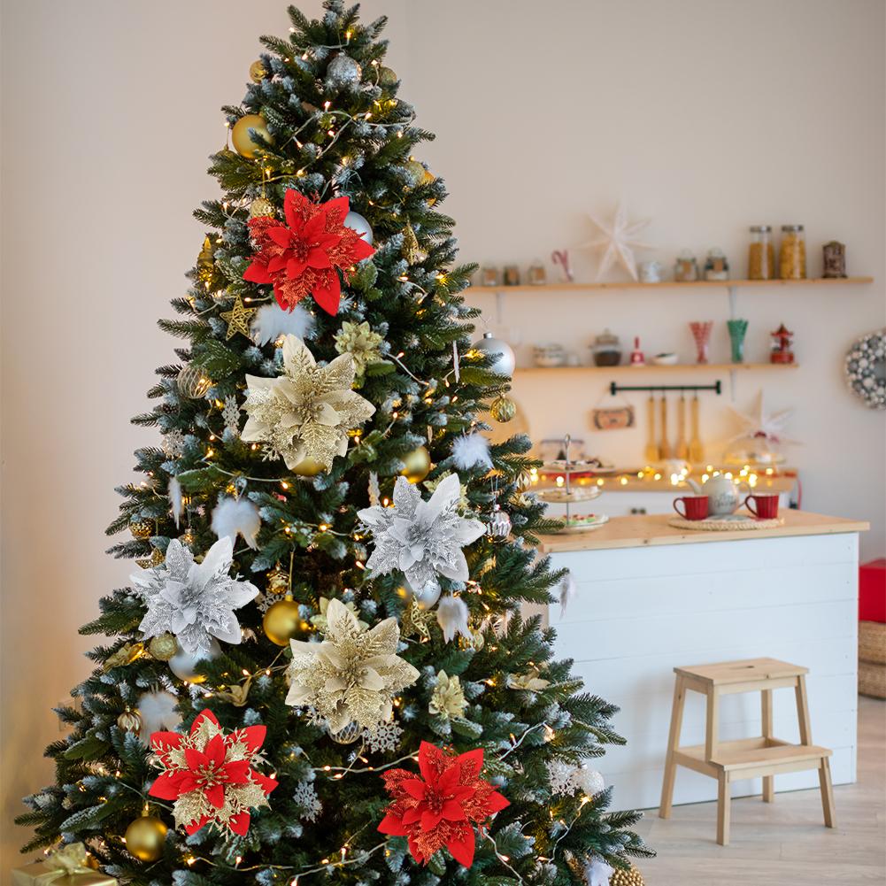 10pcs Christmas Ornament Flower 14cm Glitter Artificial Christmas Flowers Tree Ornaments For Home New Year Gifts Wedding Decor