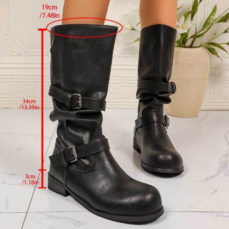 Zimowa Vintage Klamra do Paska Damskie Buty Rycerza Modne Wsuwane Buty na Niskim Obcasie Damskie Przytulne Miękkie Skórzane Botki do Połowy Łydki