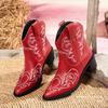European and American style leather boots pointed head embroidery V-port short knight boots women's foreign trade new thick heel thin cigarette boots