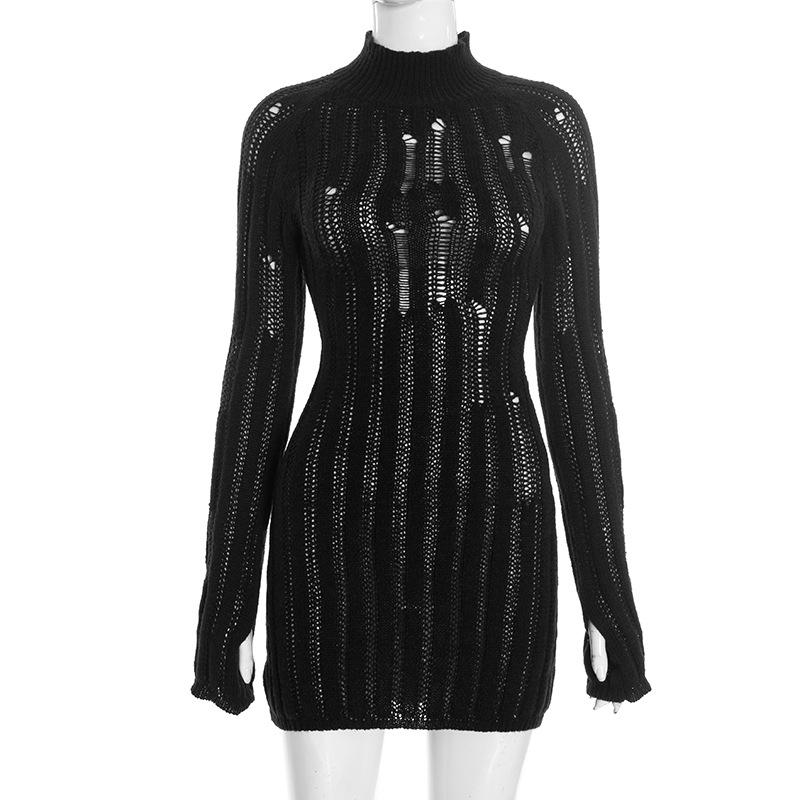 

D25DS494 Women s Winter Knit Dress - Solid Color, Half-High Collar, Hollow Out, Long Sleeve with Fingerless Gloves Large