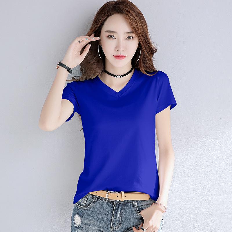 Women's Summer Pink V-Neck Pure Cotton Short Sleeve T-Shirt, Customizable with Logo.