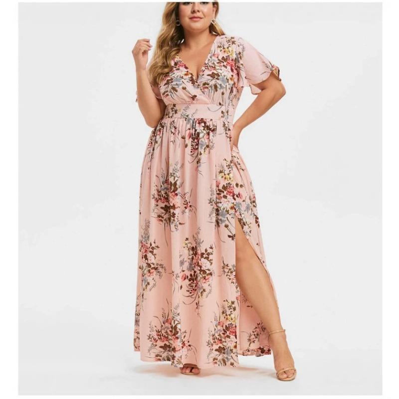 Women's Long Oversized Printed Floor-length Dress with A Slit At The Hem
