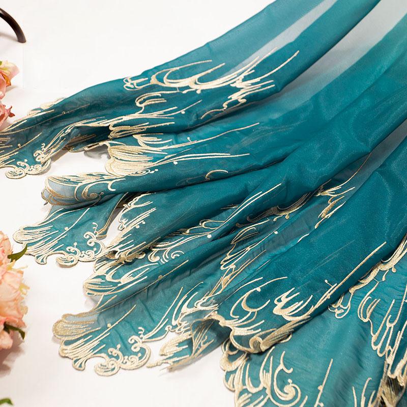 1M Chinese Classical Gradient Embroidery Fabric Chic Lotus Leaf Edge Designer Fabric For DIY Hanfu Dress Dance Costume