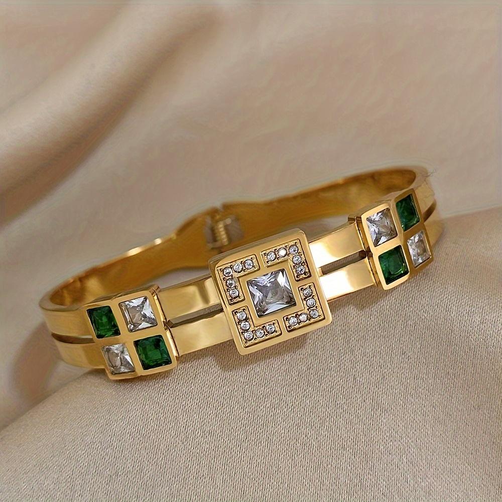 Luxury Stainless Steel Bracelet with Green Synthetic Cubic Zirconia - Fashion Cuff Bangle Jewelry