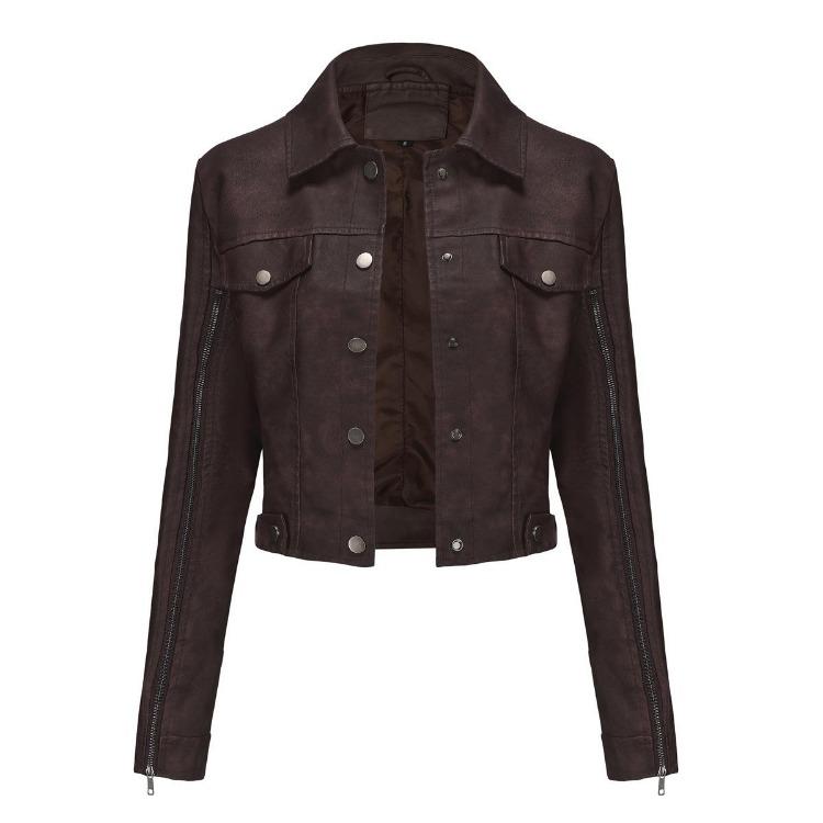 Women Leather Jacket Slim Fit Pu Zipper Outerwear Long Sleeve Lapel Collar for Fall Winter