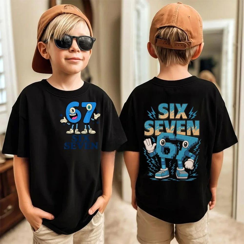 Six Seven Kids  Tees Tops Childrens Meme Crew Neck Cotton Short Sleeve T Shirt Funny 67 Brainrot Print TShirt for Boys Girls