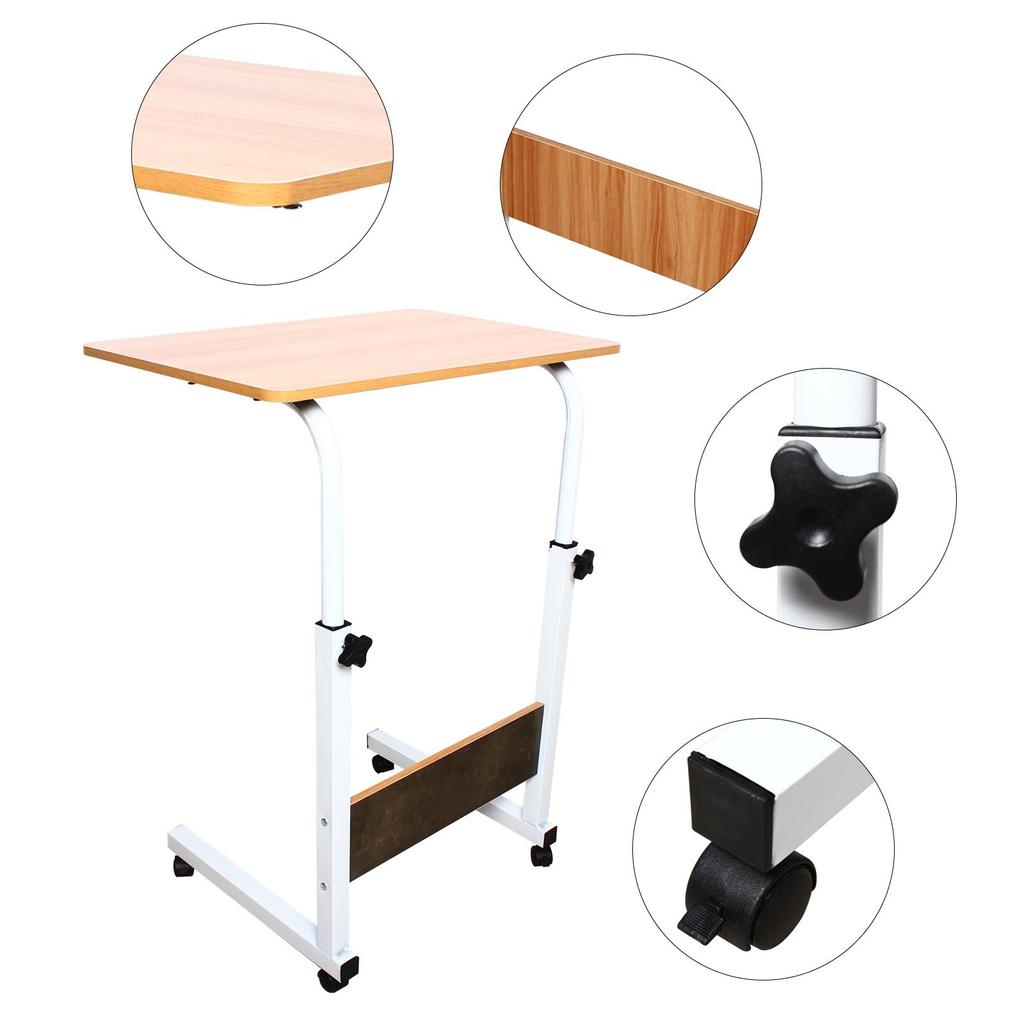 Height-Adjustable Mobile Laptop Desk – Rolling Computer Table with Lockable Wheels – White & Wood – 40 x 40 x 70-90 cm