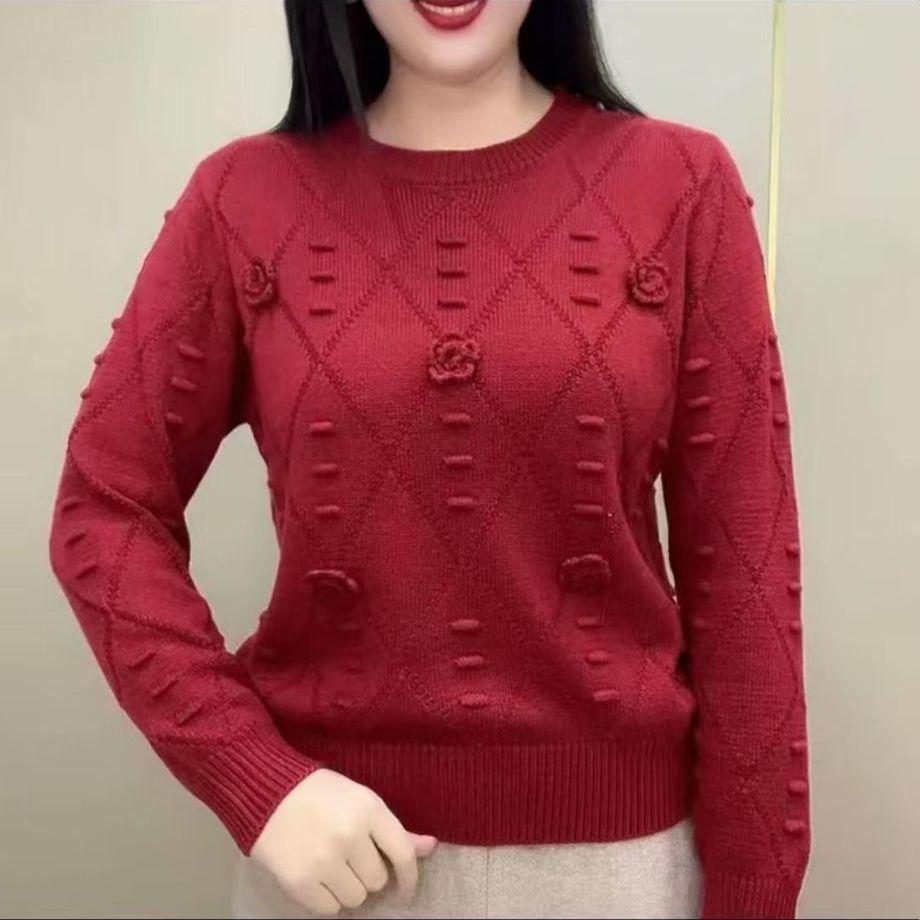 Spring and Autumn Women's Crew Neck Sweater Loose Solid Color 3D Flower Knit Pullover Short Sweater