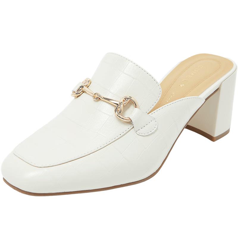 COMELY Women s Lambskin Square Toe Chunky Heel Loafer Mules 36