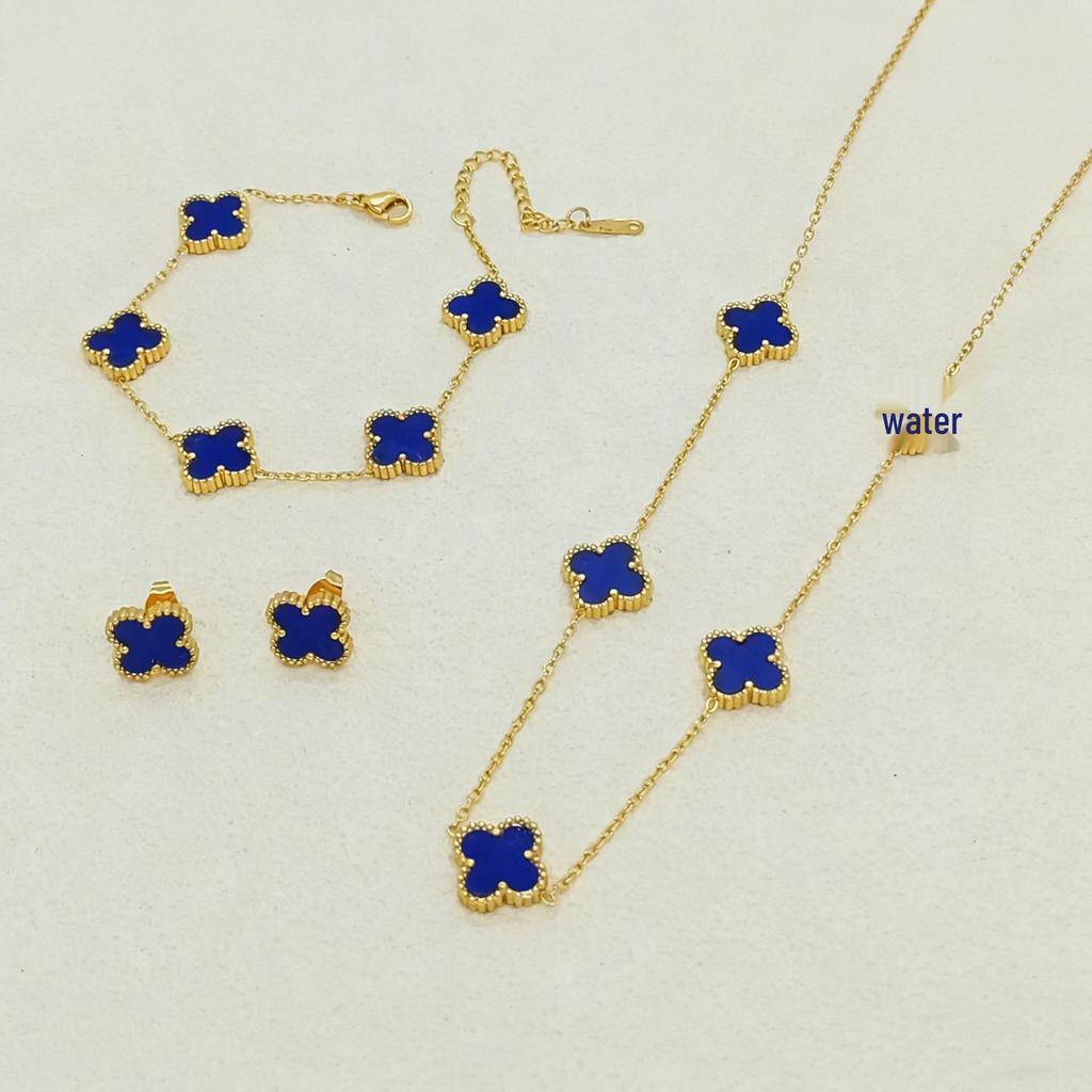 Set de Joyería de Acero de Titanio Madreperla Doble Cara Trébol de Cuatro Hojas con Pulsera, Collar y Pendientes