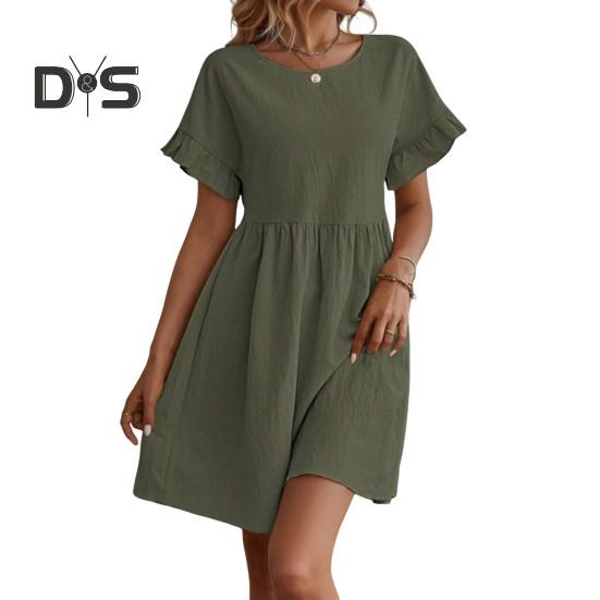 Summer Mini Dress Ruffled Short Sleeves O Neck Pleated A-line Dress Pure Color Loose Hem Dress for Dating Shopping Travel