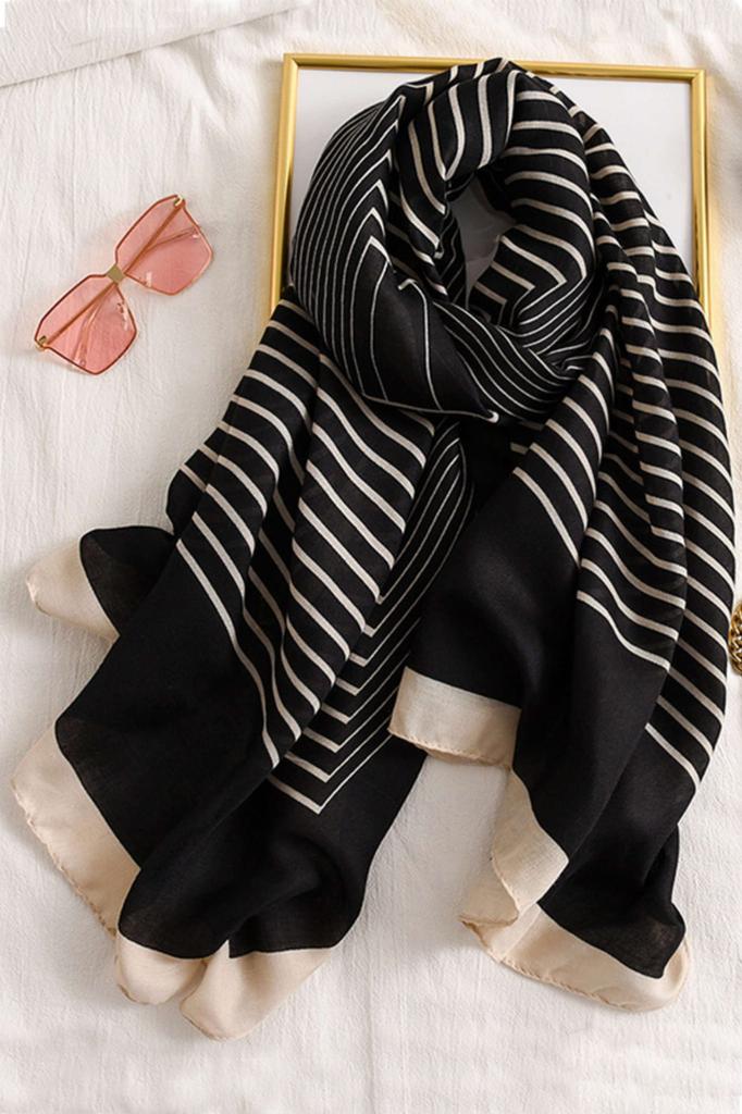 Viscose Shawl 180x85cm Monogram Striped Black with Cream Stripes