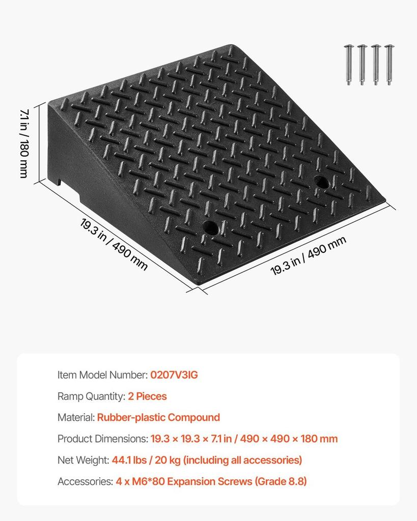Driveway Curb Ramp, 3.175 Tons Load Capacity, 17.8 cm Rise Height Heavy Duty Curbside Bridge Ramp with Drainage Tank for Wheelchairs, Strollers,