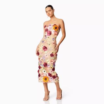Women's Summer Sleeveless Stereoscopic Flower Embroidery Slim Package Hip Breasted Midi Dresses