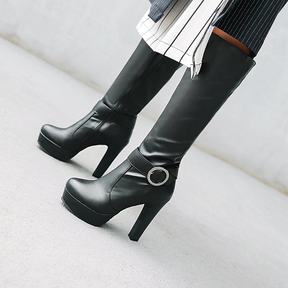 Winter Knee High Boots Women Autumn Knight Black White Large Size High Heels Platform Zipper Fashion Buckle Ladies Long Shoes