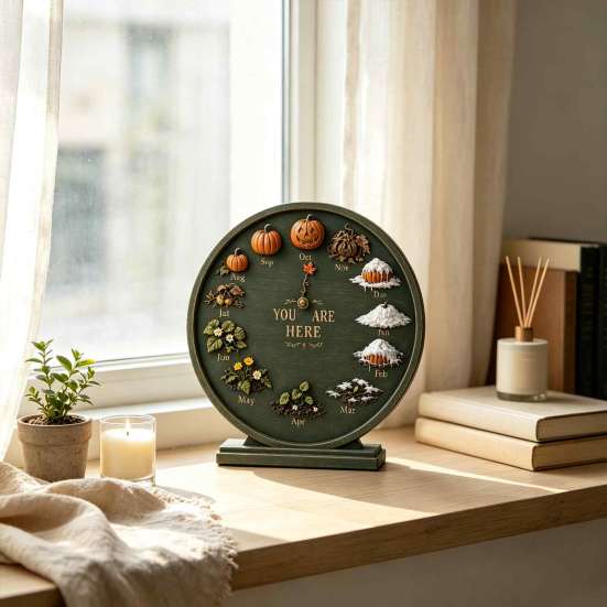 Autumn Calendar Decoration Wooden Seasonal Month Decor, Round Farmhouse Perpetual Season Clock, Gift for Lovers Pumpkin Four Seasons Tabletop Ornament