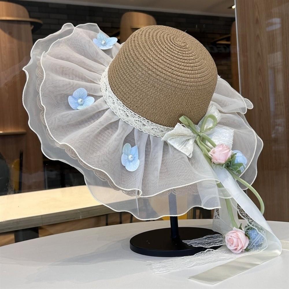 Elegant Rose Ruffle Edge Straw Hat Lace Ribbon UV Protection Woven Sun Cap Lightweight Design Breathable Mesh Beach Visor