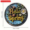 2d Flat 20*20cm Round Wooden "Hello Spring" Sign Art Painting Wreath Decorative, Entrance Decor Gift, Mask Theme, for Bar, Club, Home, Room Wall Decor