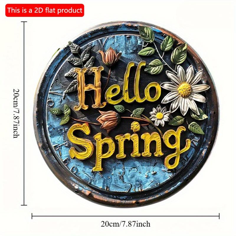 2d Flat 20*20cm Round Wooden "Hello Spring" Sign Art Painting Wreath Decorative, Entrance Decor Gift, Mask Theme, for Bar, Club, Home, Room Wall Decor