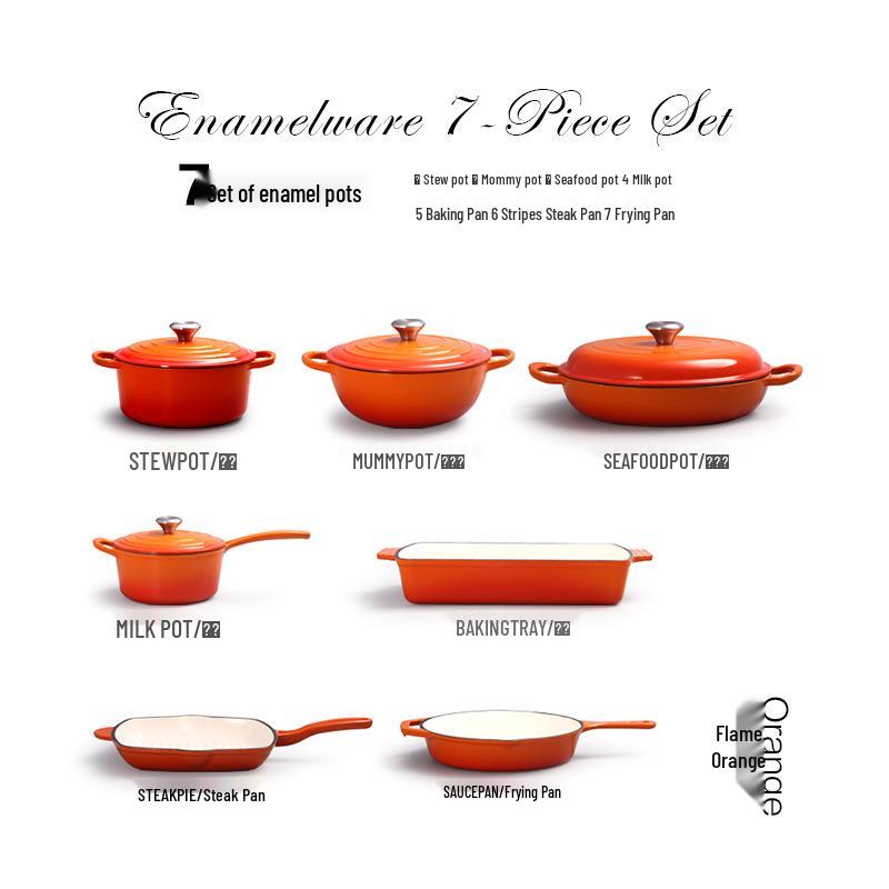 

Multi-Purpose Enamel Cast Iron Pot Set: Cool Stew, Seafood, Milk Pot with Striped Steak and Frying Pan. 7-Piece Enamel Set