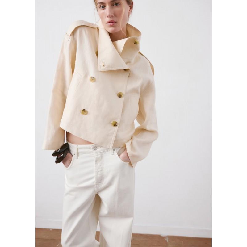 Damen Kurzmantel mit Stehkragen Doppelreihig Lockerer Schnitt Jacke mit Schulterklappen Olivgrün Beige