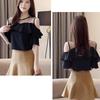 Summer Women's Round Collar Mesh Chiffon Blouse Short Sleeve Ruffles Tops Sexy Off Shoulder Shirt Solid Color Clothes