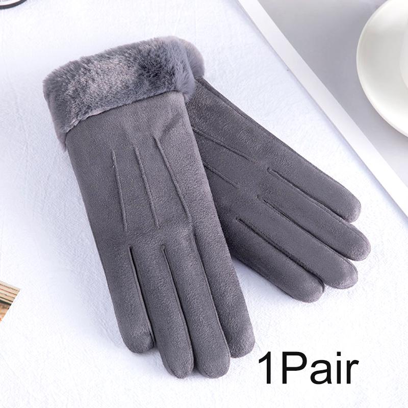 1Pair Touch Screen Winter Fleece Suede Soft Women Warm Gloves Ladies Fur Lined Thermal