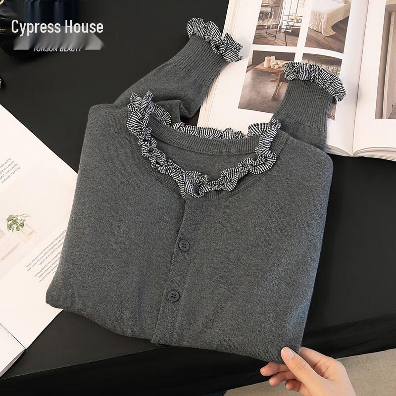 

Preppy Style Women s Lace-Trimmed Knit Cardigan One Size