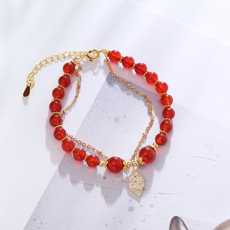 Red Agate Beads Gold Leaf Pendant Double Layer Bracelet Women Fashion Jewelry