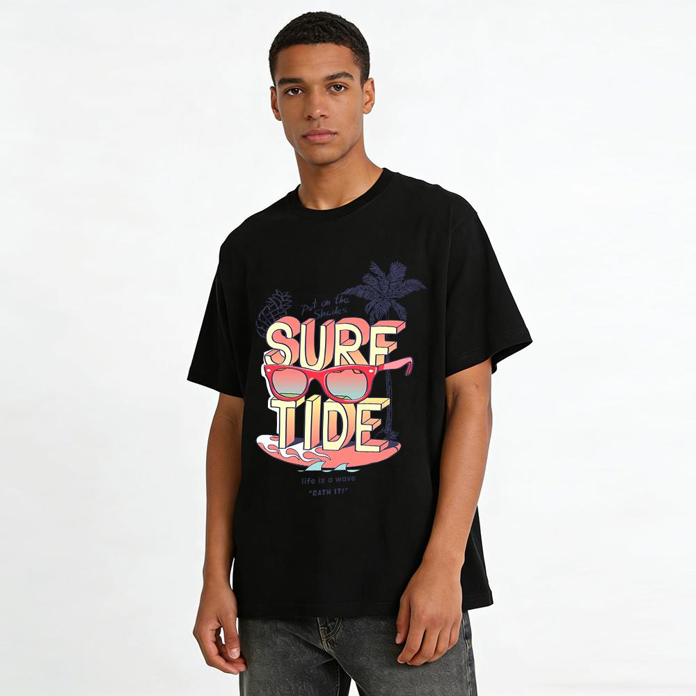 Surf Tide Shades Print Tee Casual Vacation Loose T-Shirt For Men Women Pure cotton T-shirt